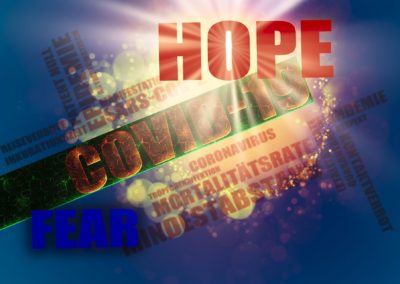 Navy blue background with covid terms and graphics with the word hope emphasized