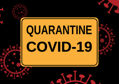 Red & Black Covid graphic background with yellow sign that reads Quarantine Covid 19
