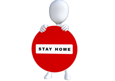 White Stick Figure holding round red sign with Stay Home Message