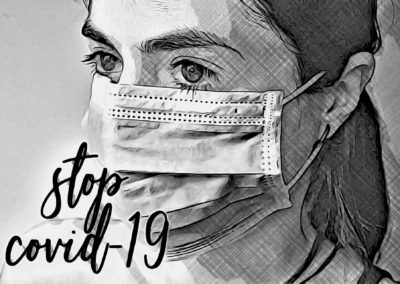 Black & White sketch of a woman wearing a medical mask with the script text message Stop Covid 19