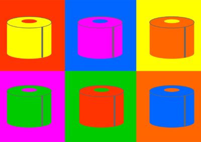 Andy Warhol type images of toilet paper in vibrant colors