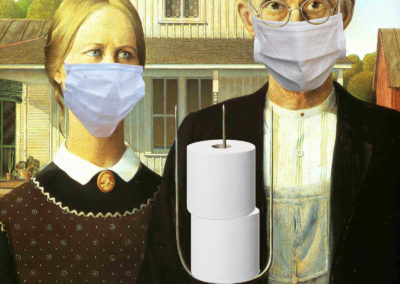 Famous Gothic Farm Couple wearing medical masks and holding toilet paper on pitchfork