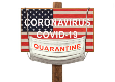 US Flag Sign with Coronavirus and Covid 19 Text with Quarantine medical mask hanging from the sign