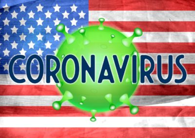 USA Flag with Large green coronavirus germ graphic and text in center
